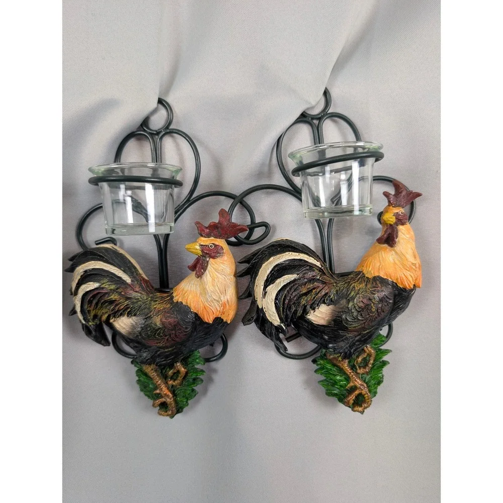 Rustic Rooster Wall Sconce Pair OS Multicolor Excellent Country chic Grannycore